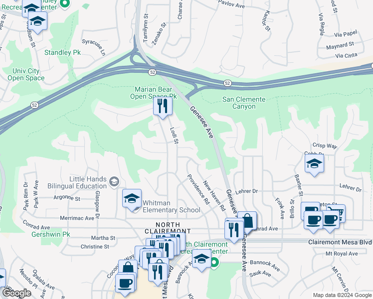 map of restaurants, bars, coffee shops, grocery stores, and more near 4331 Post Road in San Diego