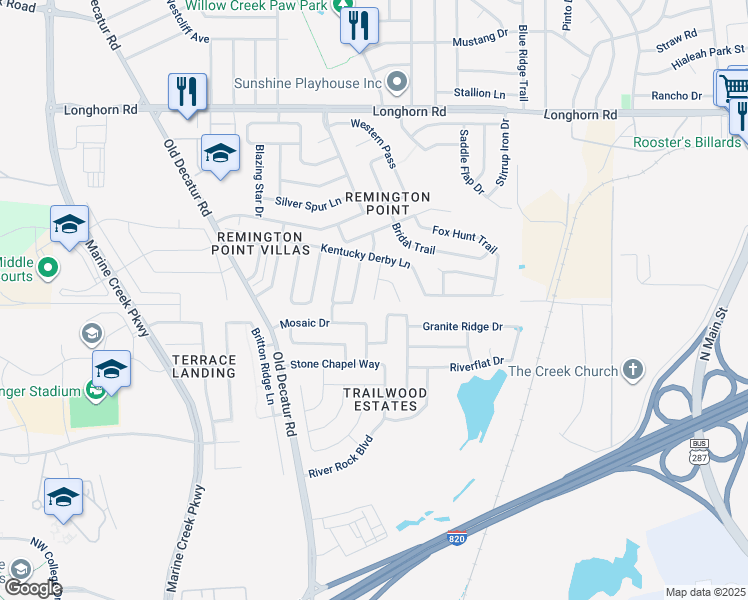 map of restaurants, bars, coffee shops, grocery stores, and more near 4120 Thoroughbred Court in Fort Worth