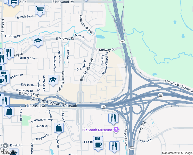 map of restaurants, bars, coffee shops, grocery stores, and more near 910 Grange Hall Road in Euless