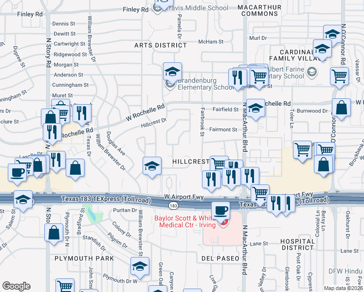 map of restaurants, bars, coffee shops, grocery stores, and more near 1334 Carriage Drive in Irving