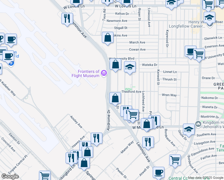 map of restaurants, bars, coffee shops, grocery stores, and more near 3627 Thedford Avenue in Dallas