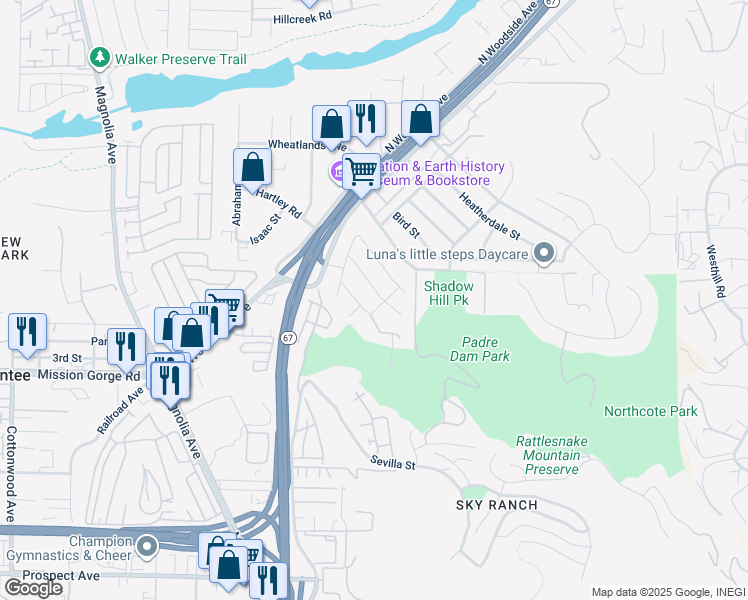 map of restaurants, bars, coffee shops, grocery stores, and more near 10969 Crystal Springs Road in Santee