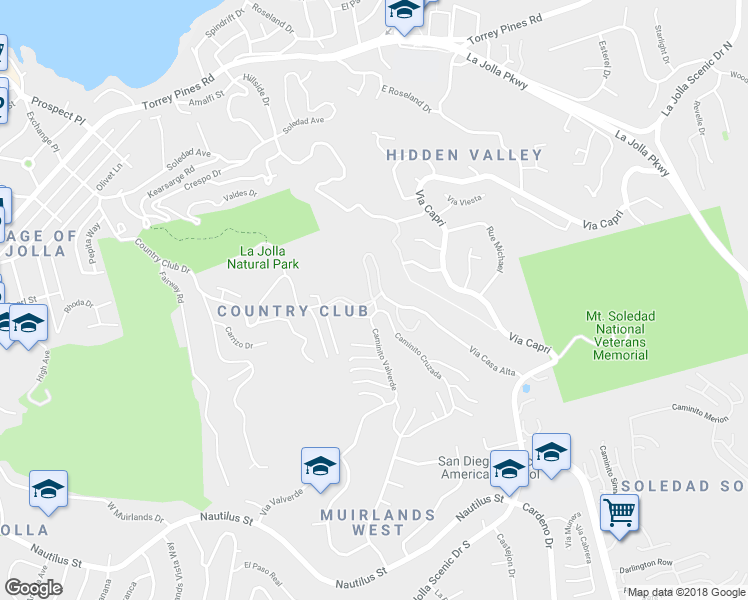 map of restaurants, bars, coffee shops, grocery stores, and more near 6419 Caminito Bassano West in San Diego