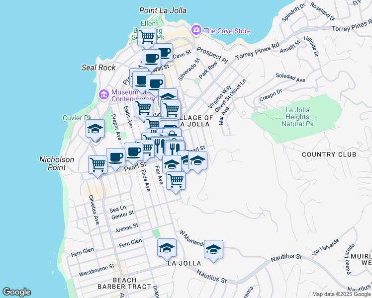 map of restaurants, bars, coffee shops, grocery stores, and more near 1104 Pearl Street in San Diego
