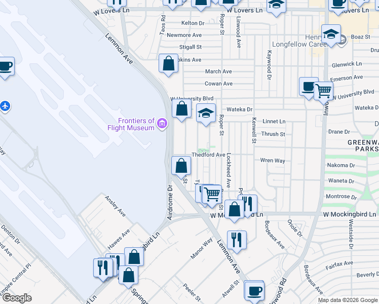 map of restaurants, bars, coffee shops, grocery stores, and more near 6803 Tyree Street in Dallas