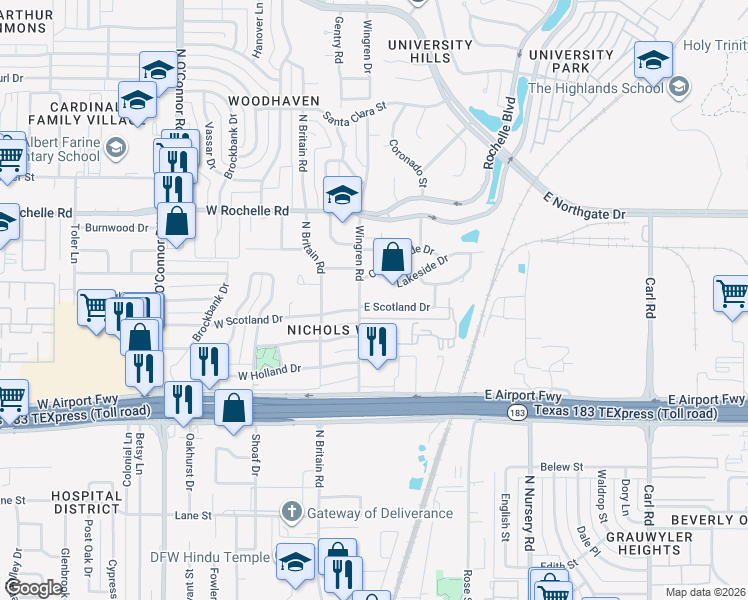 map of restaurants, bars, coffee shops, grocery stores, and more near 209 East Scotland Drive in Irving