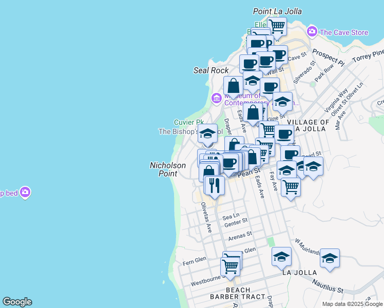 map of restaurants, bars, coffee shops, grocery stores, and more near 350 Prospect Street in San Diego