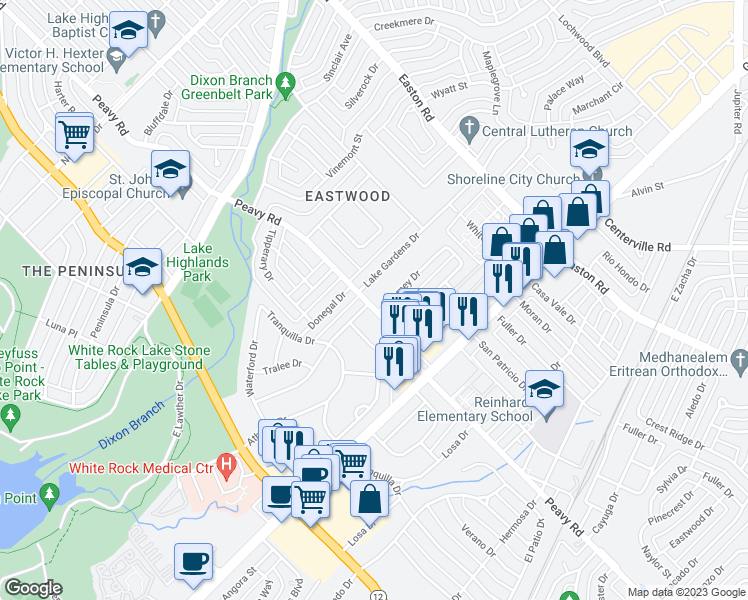map of restaurants, bars, coffee shops, grocery stores, and more near 1084 Peavy Road in Dallas