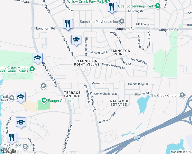 map of restaurants, bars, coffee shops, grocery stores, and more near 5700 Country Valley Lane in Fort Worth