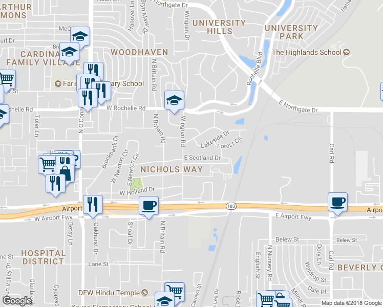 map of restaurants, bars, coffee shops, grocery stores, and more near 209 East Scotland Drive in Irving