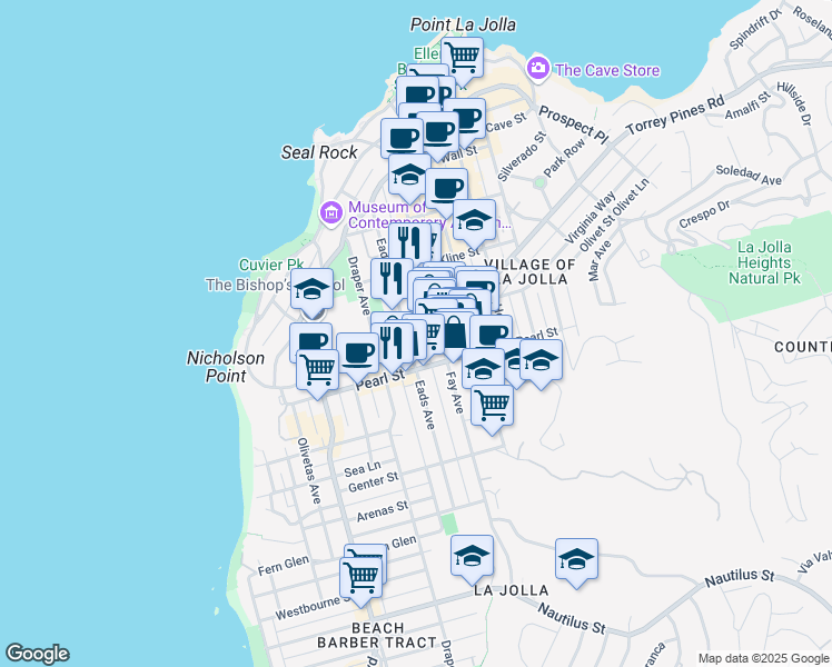map of restaurants, bars, coffee shops, grocery stores, and more near 7540 Fay Avenue in San Diego