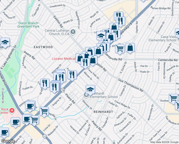 map of restaurants, bars, coffee shops, grocery stores, and more near 1231 Casa Vale Drive in Dallas