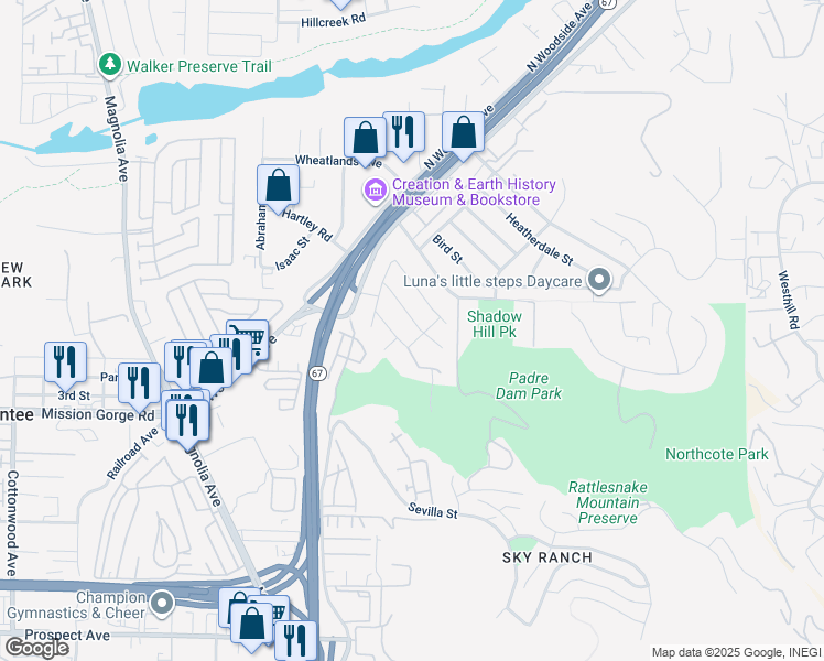 map of restaurants, bars, coffee shops, grocery stores, and more near 10969 Crystal Springs Road in Santee