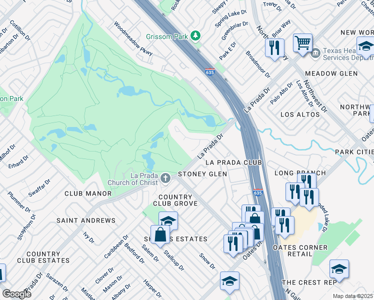 map of restaurants, bars, coffee shops, grocery stores, and more near 4123 Fairlakes Court in Dallas