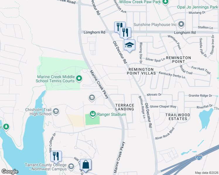 map of restaurants, bars, coffee shops, grocery stores, and more near 5830 Marine Creek Parkway in Fort Worth