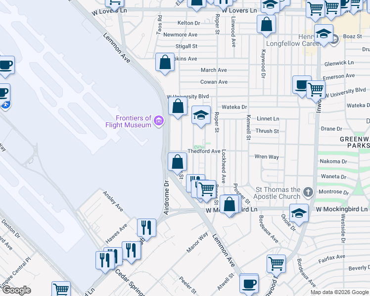 map of restaurants, bars, coffee shops, grocery stores, and more near 6803 Tyree Street in Dallas