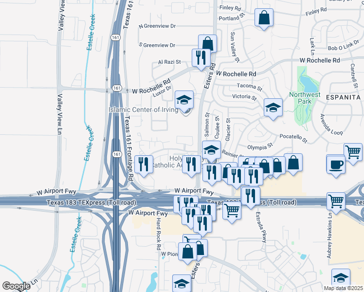 map of restaurants, bars, coffee shops, grocery stores, and more near 4338 Annesley Lane in Irving