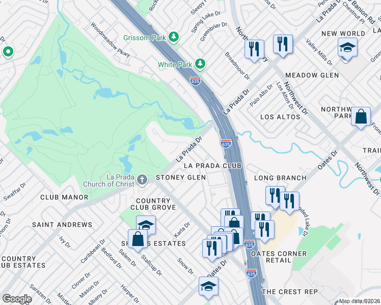 map of restaurants, bars, coffee shops, grocery stores, and more near 5548 Village Green Drive in Mesquite