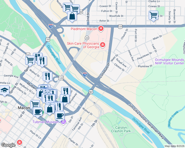 map of restaurants, bars, coffee shops, grocery stores, and more near Jim L Gillis Sr Memorial Highway in Macon