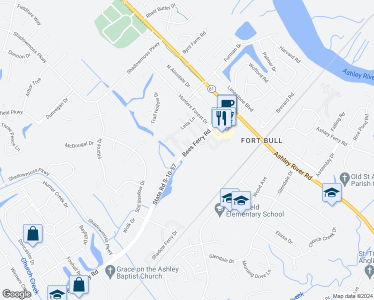 map of restaurants, bars, coffee shops, grocery stores, and more near 3125 State Road S-10-57 in Charleston