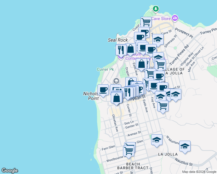 map of restaurants, bars, coffee shops, grocery stores, and more near in San Diego County