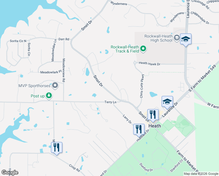 map of restaurants, bars, coffee shops, grocery stores, and more near 332 Smirl Drive in Heath