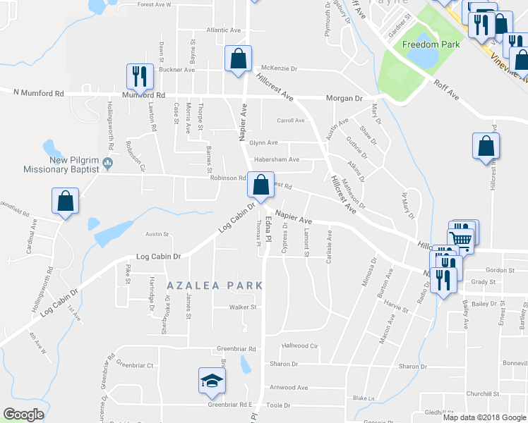 map of restaurants, bars, coffee shops, grocery stores, and more near 1005 Edna Place in Macon
