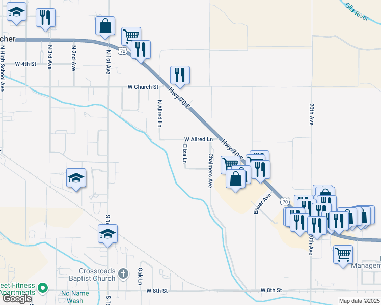 map of restaurants, bars, coffee shops, grocery stores, and more near 235 N Eliza Lane in Thatcher