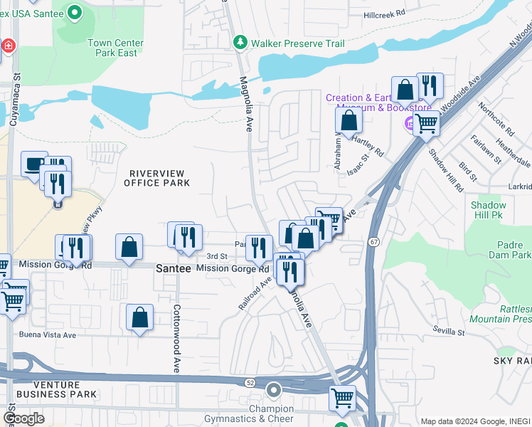 map of restaurants, bars, coffee shops, grocery stores, and more near 10705 Lisa Meadows Drive in Santee