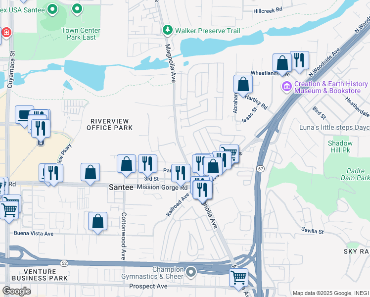 map of restaurants, bars, coffee shops, grocery stores, and more near 10705 Lisa Meadows Drive in Santee