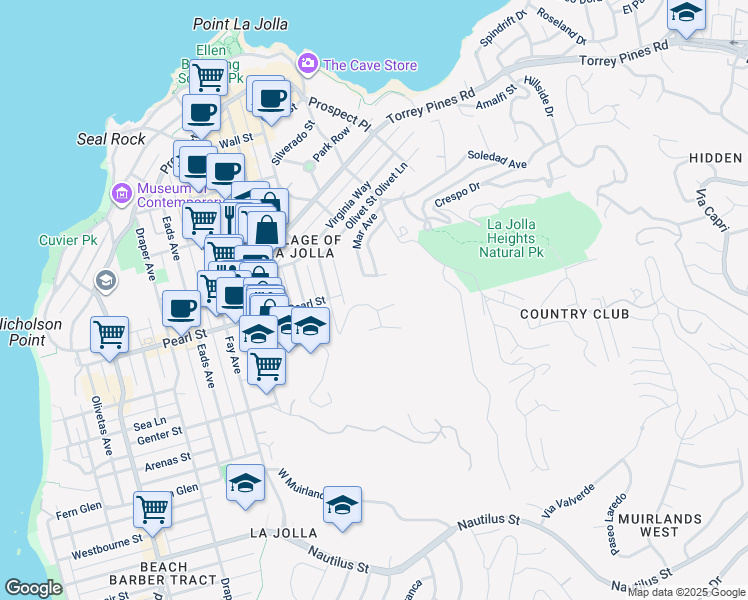map of restaurants, bars, coffee shops, grocery stores, and more near 1354 Rhoda Drive in San Diego