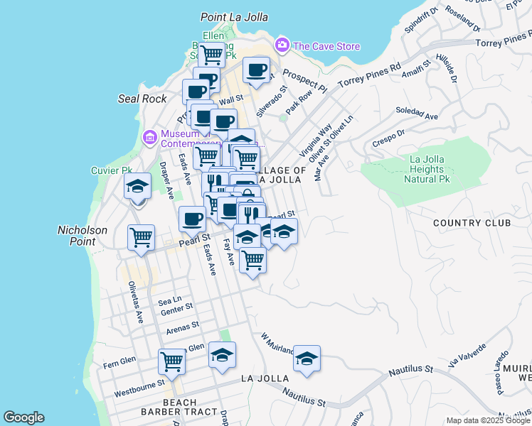 map of restaurants, bars, coffee shops, grocery stores, and more near 1104 Pearl Street in San Diego