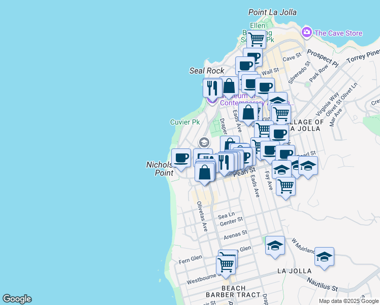 map of restaurants, bars, coffee shops, grocery stores, and more near 320 Scripps Lane in San Diego