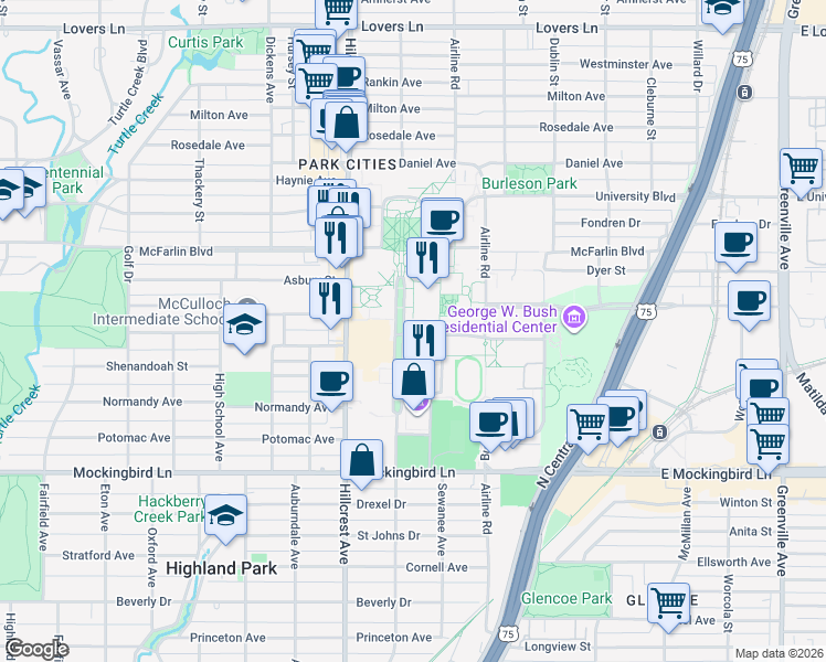 map of restaurants, bars, coffee shops, grocery stores, and more near in Dallas