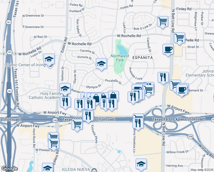 map of restaurants, bars, coffee shops, grocery stores, and more near 3814 Rainier Street in Irving