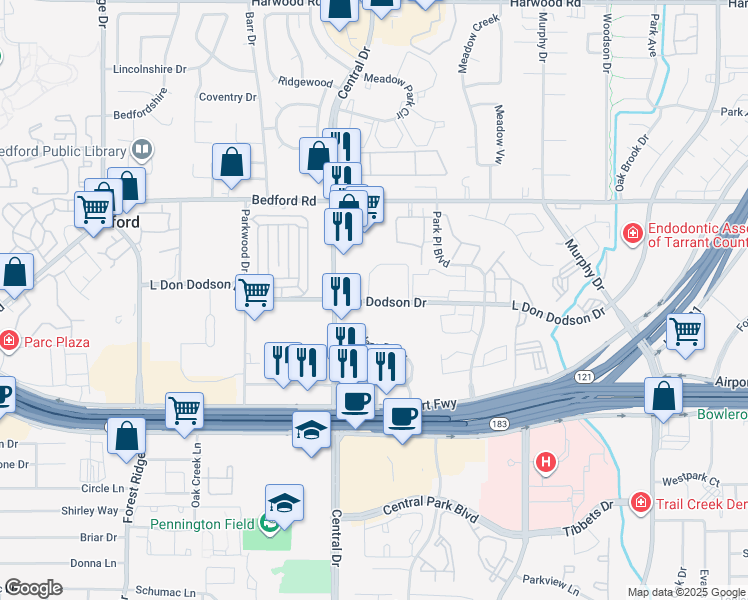 map of restaurants, bars, coffee shops, grocery stores, and more near 2130-2142 L Don Dodson Drive in Bedford
