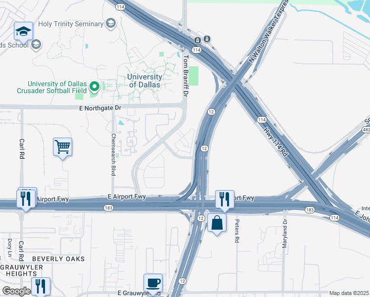 map of restaurants, bars, coffee shops, grocery stores, and more near 2041 Texas Plaza Drive in Irving