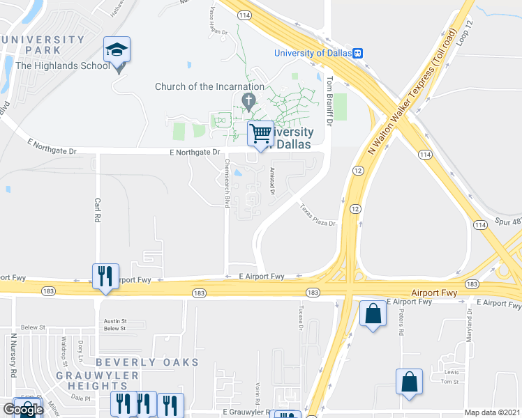 map of restaurants, bars, coffee shops, grocery stores, and more near 1732 East Northgate Drive in Irving