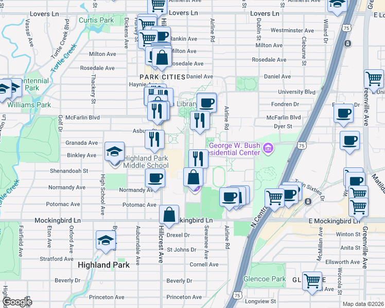map of restaurants, bars, coffee shops, grocery stores, and more near in Dallas