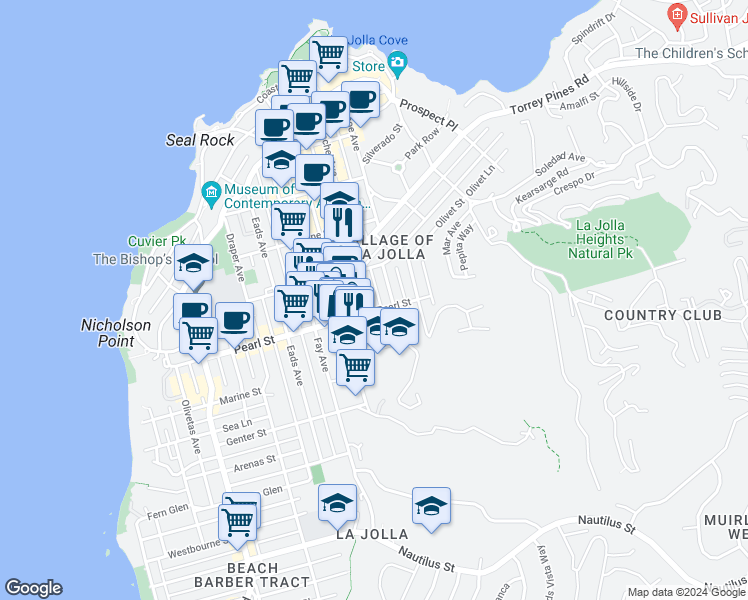 map of restaurants, bars, coffee shops, grocery stores, and more near 7517 Herschel Avenue in La Jolla