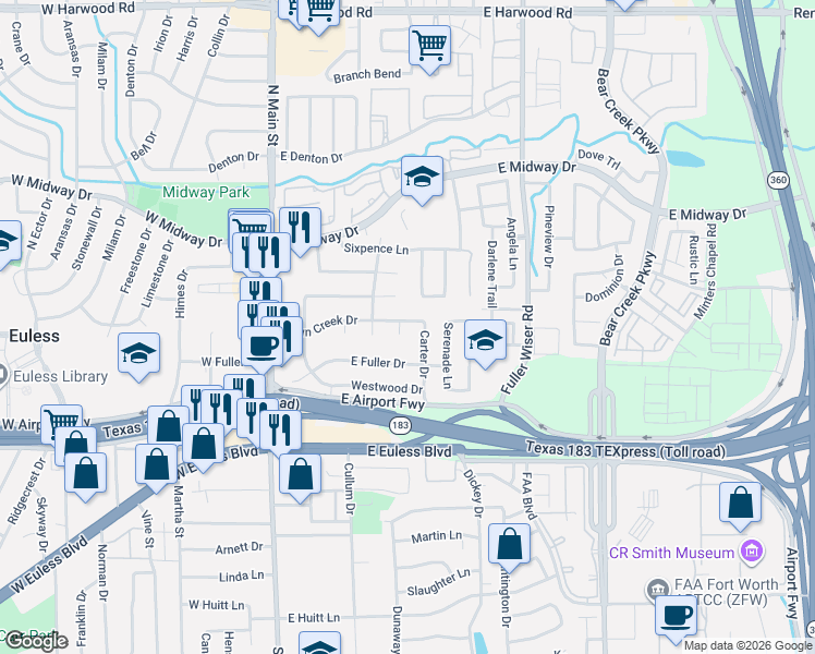 map of restaurants, bars, coffee shops, grocery stores, and more near 305 Carter Drive in Euless