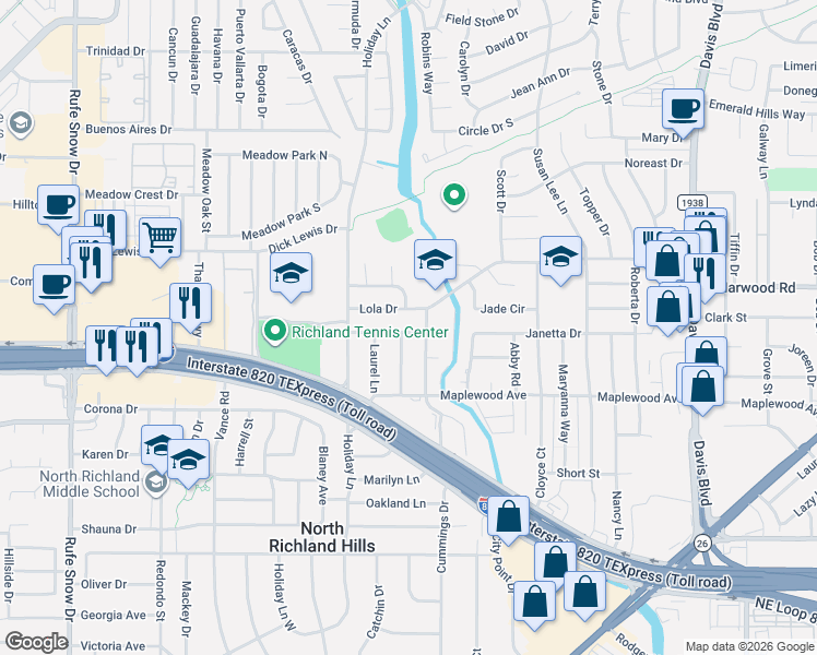 map of restaurants, bars, coffee shops, grocery stores, and more near 7305 Janetta Drive in Fort Worth
