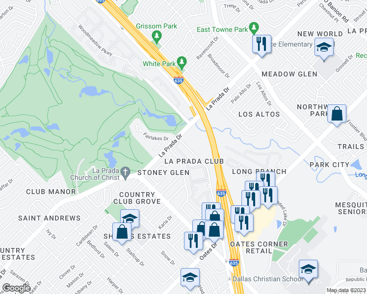 map of restaurants, bars, coffee shops, grocery stores, and more near 1805 Pinehurst Lane in Mesquite
