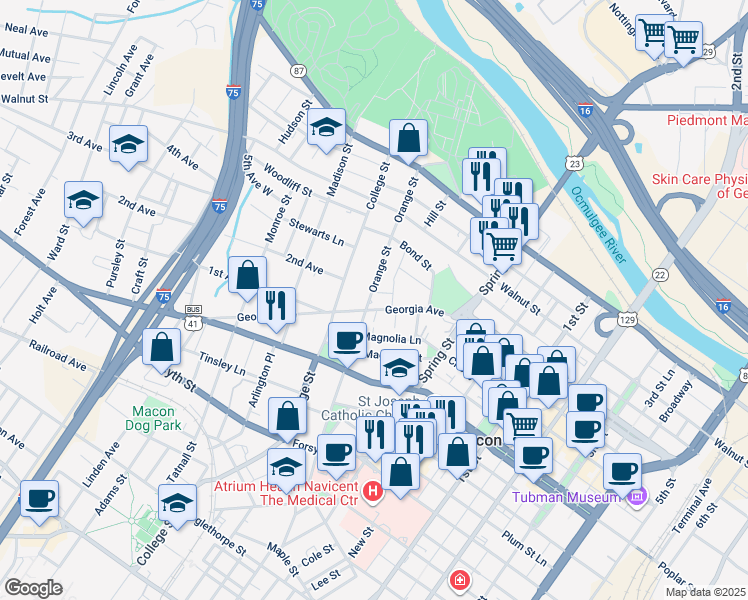 map of restaurants, bars, coffee shops, grocery stores, and more near 1085 Georgia Avenue in Macon
