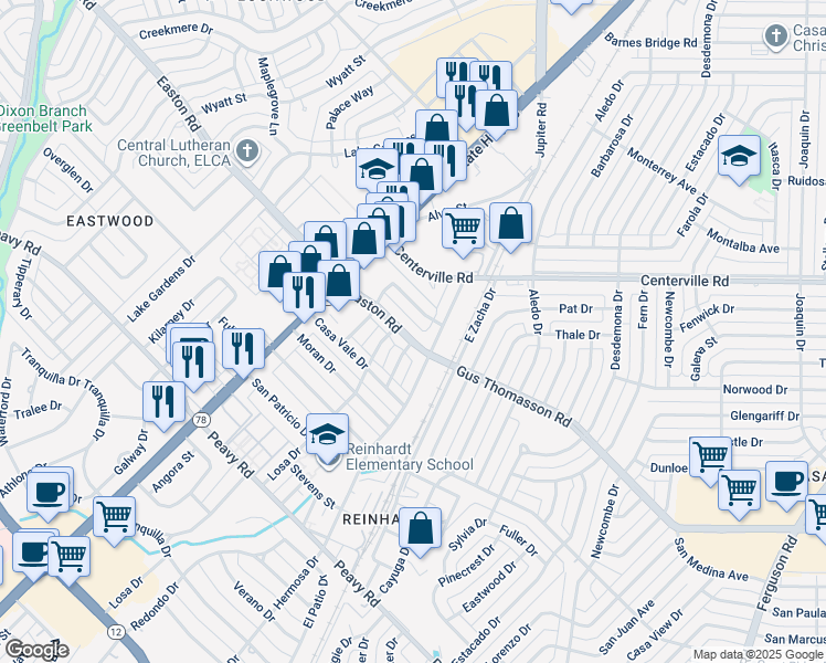 map of restaurants, bars, coffee shops, grocery stores, and more near 1410 Easton Road in Dallas