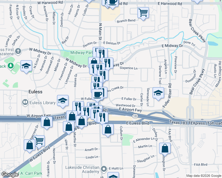 map of restaurants, bars, coffee shops, grocery stores, and more near 110 Town Creek Drive in Euless