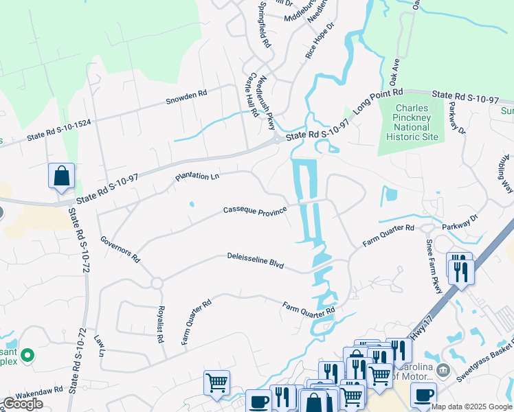 map of restaurants, bars, coffee shops, grocery stores, and more near 952 Casseque Province in Mount Pleasant