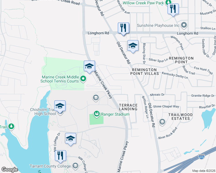 map of restaurants, bars, coffee shops, grocery stores, and more near 5801 Comanche Peak Drive in Fort Worth