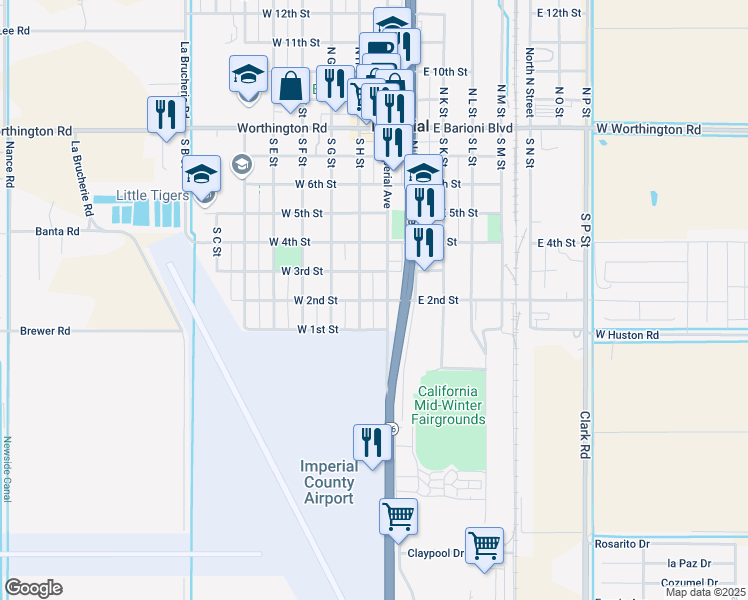 map of restaurants, bars, coffee shops, grocery stores, and more near 108 West 2nd Street in Imperial
