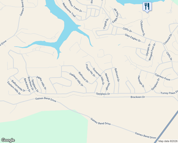 map of restaurants, bars, coffee shops, grocery stores, and more near 590 Baltrusol Drive in Graford